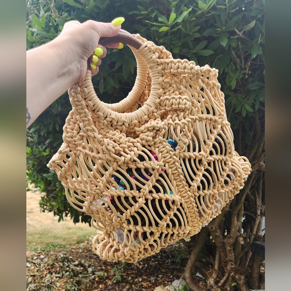 Free People Esmerelda Macrame Boho Tote Bag Purse Bohemian 1970s 70s Style Beach - Picture 10 of 10